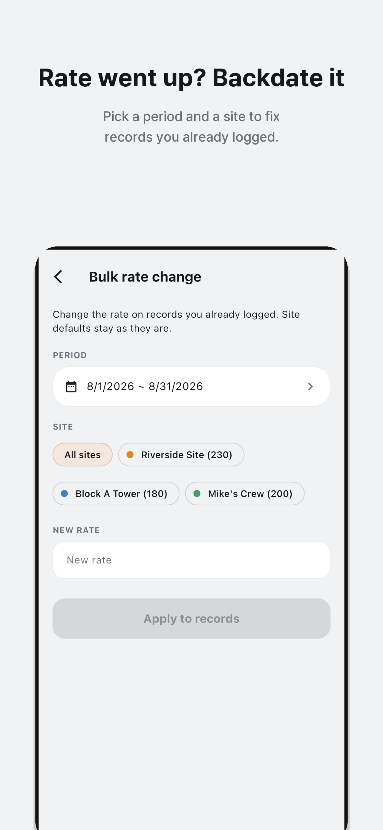 Bulk rate form with date range, sites and new rate input