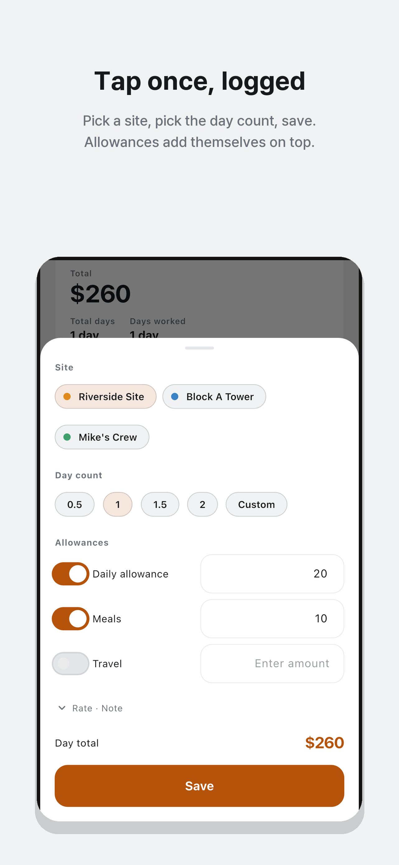 Work entry form with site, day count, allowances and payment preview