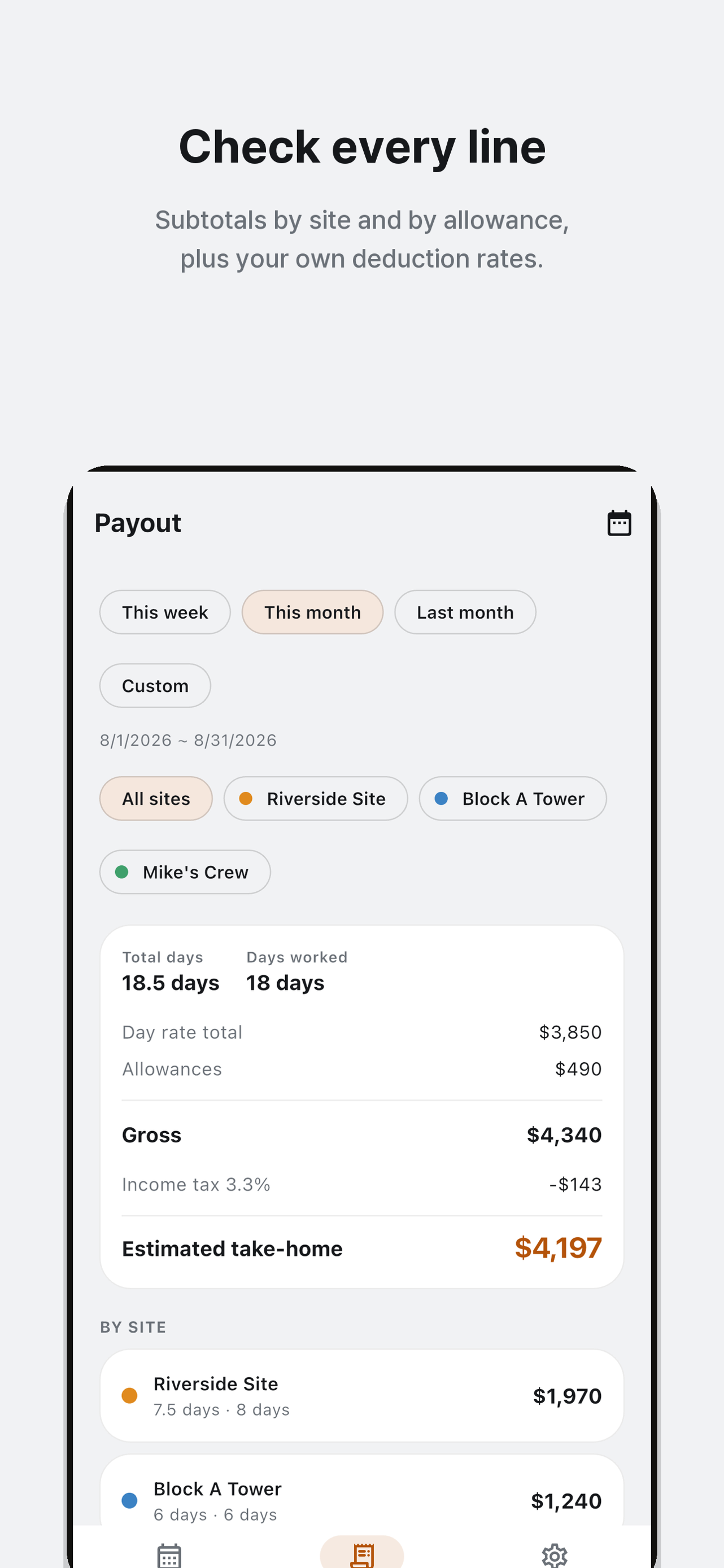 Payout view with date range, site filter, allowances and an example deduction
