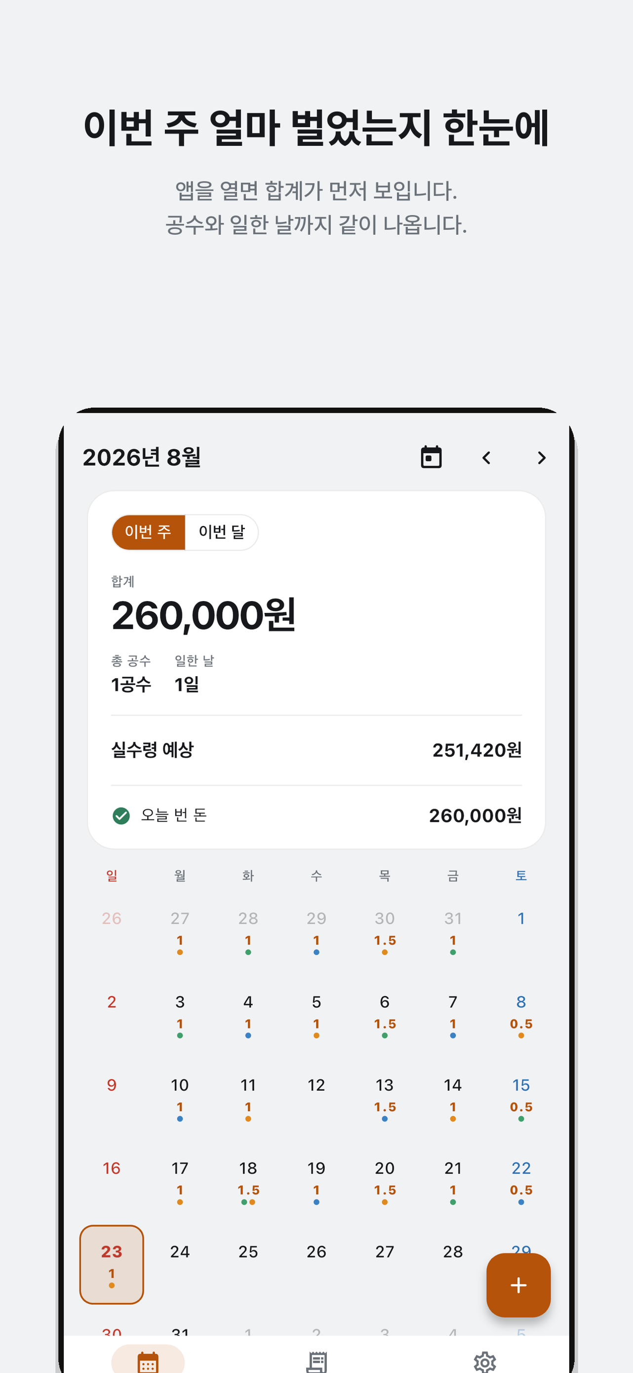 현장 색상과 월별 공수 합계를 표시한 8월 달력