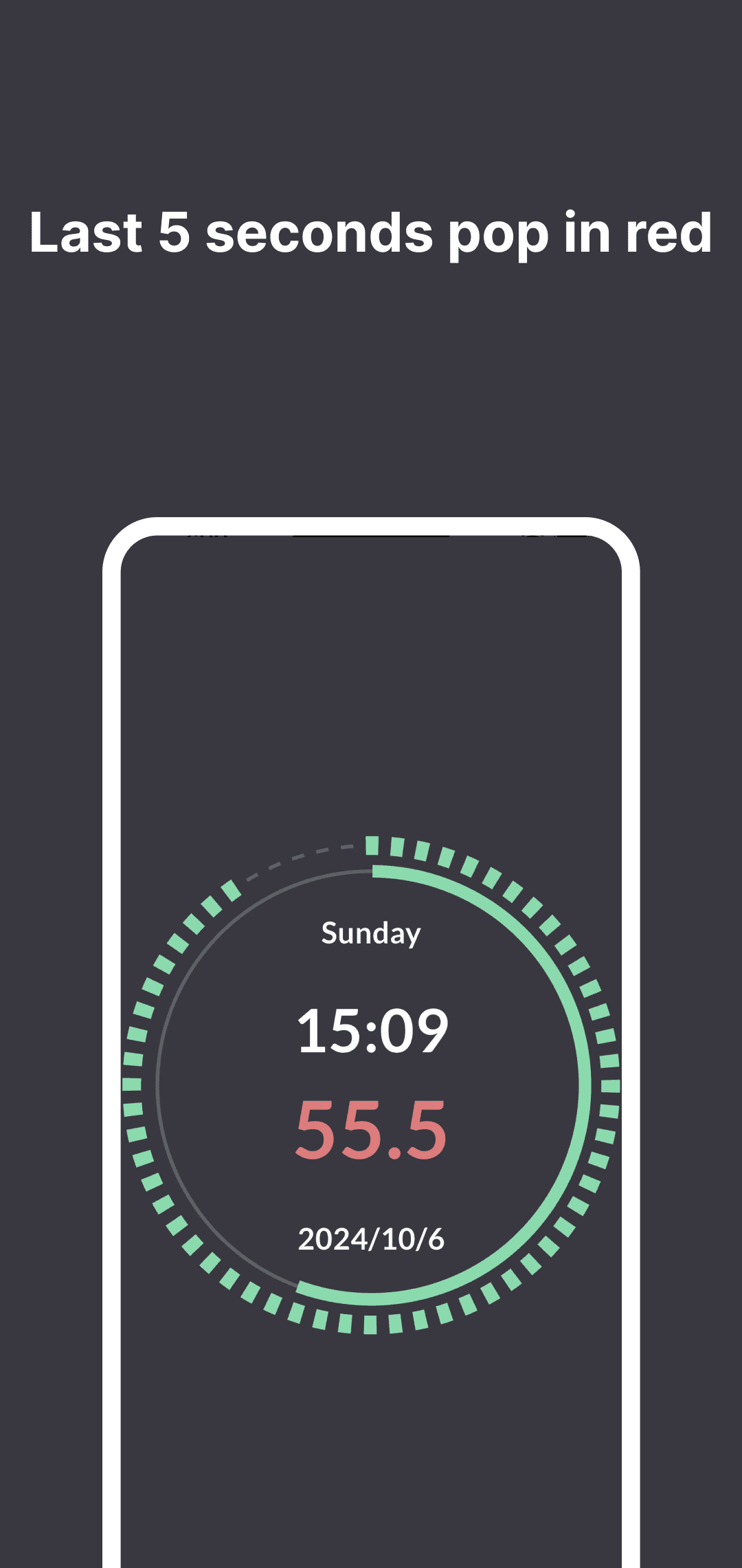 Earlier circular clock promotional image with the center seconds value 55.5 highlighted in red