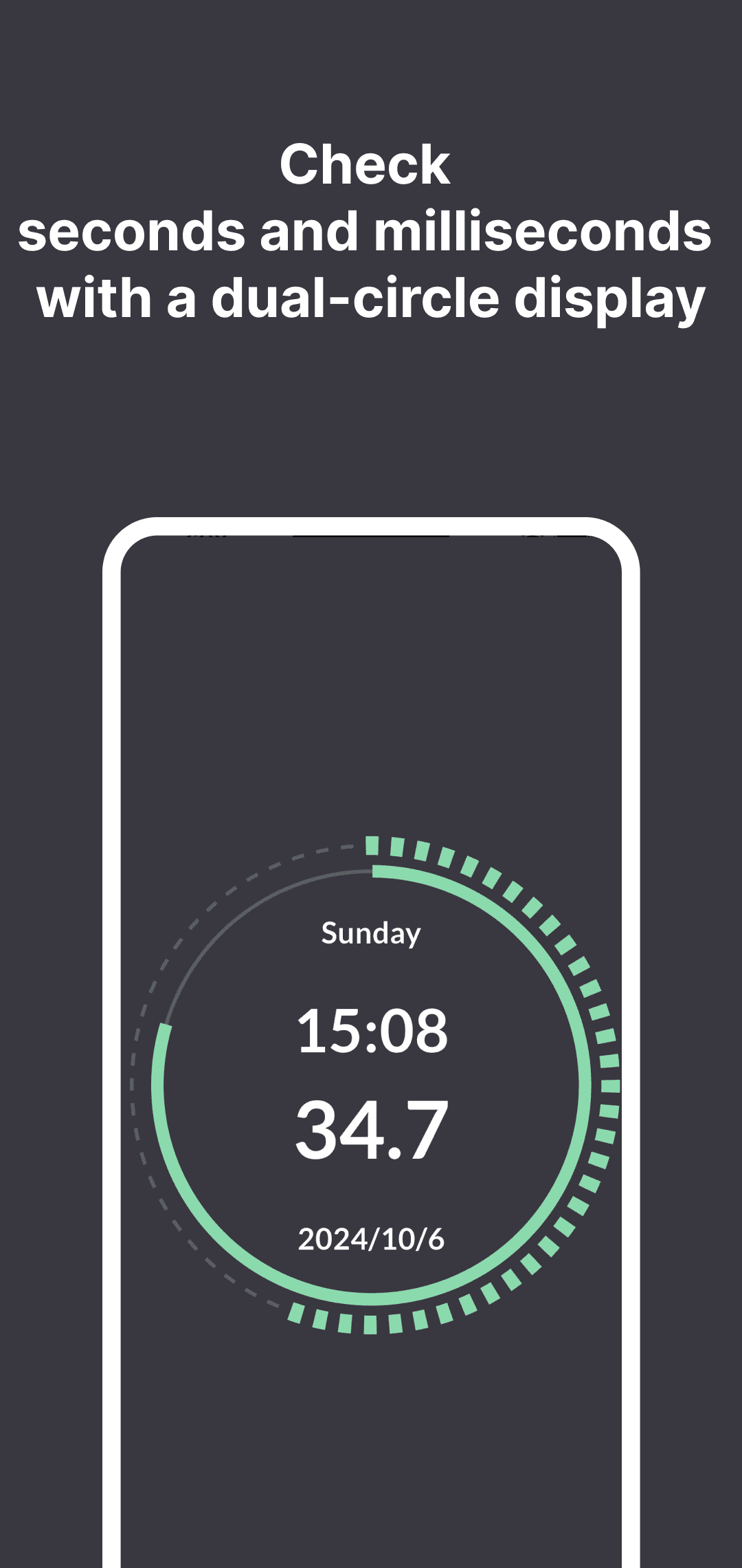 Earlier circular clock promotional image showing two rings around 15:08 and the center seconds value 34.7