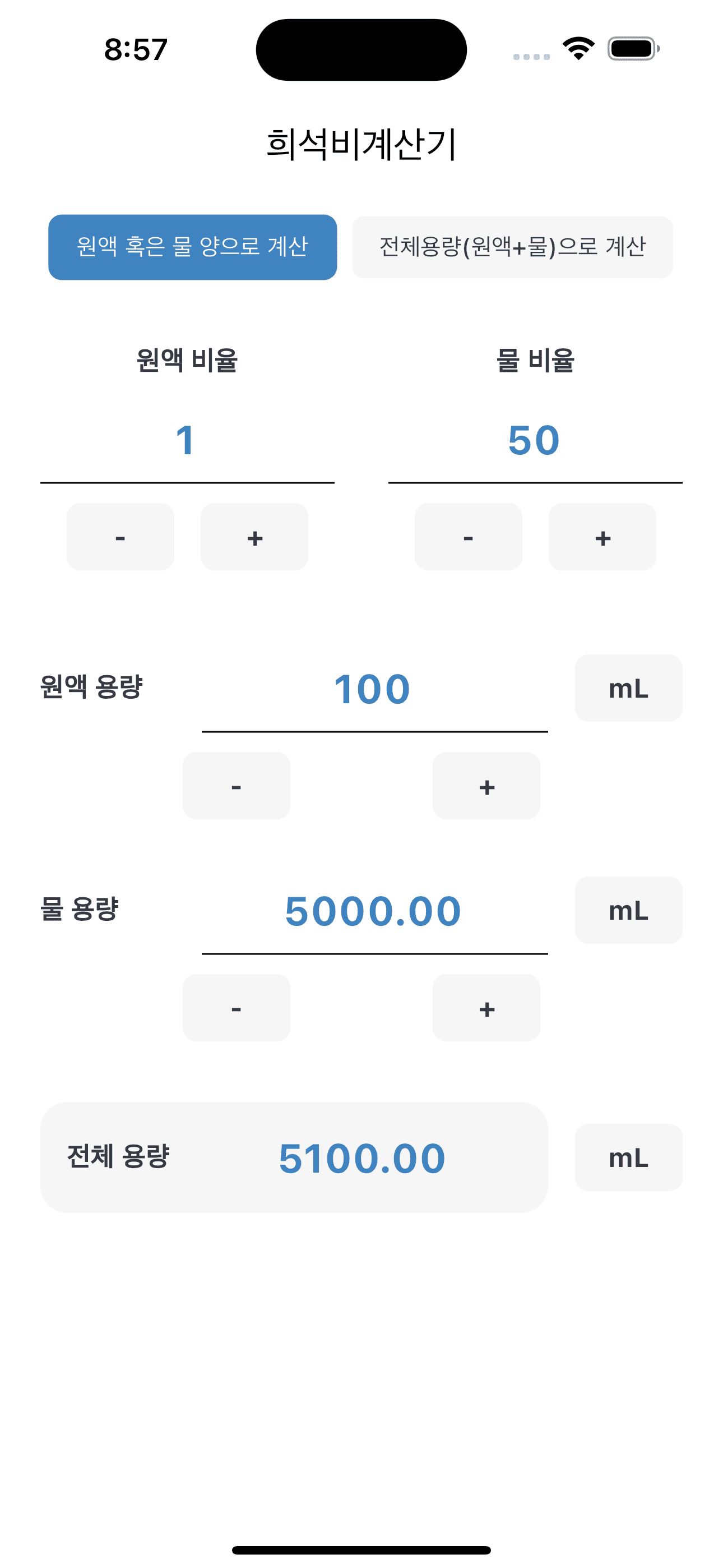원액 100 mL와 원액:물 1:50의 결과 화면