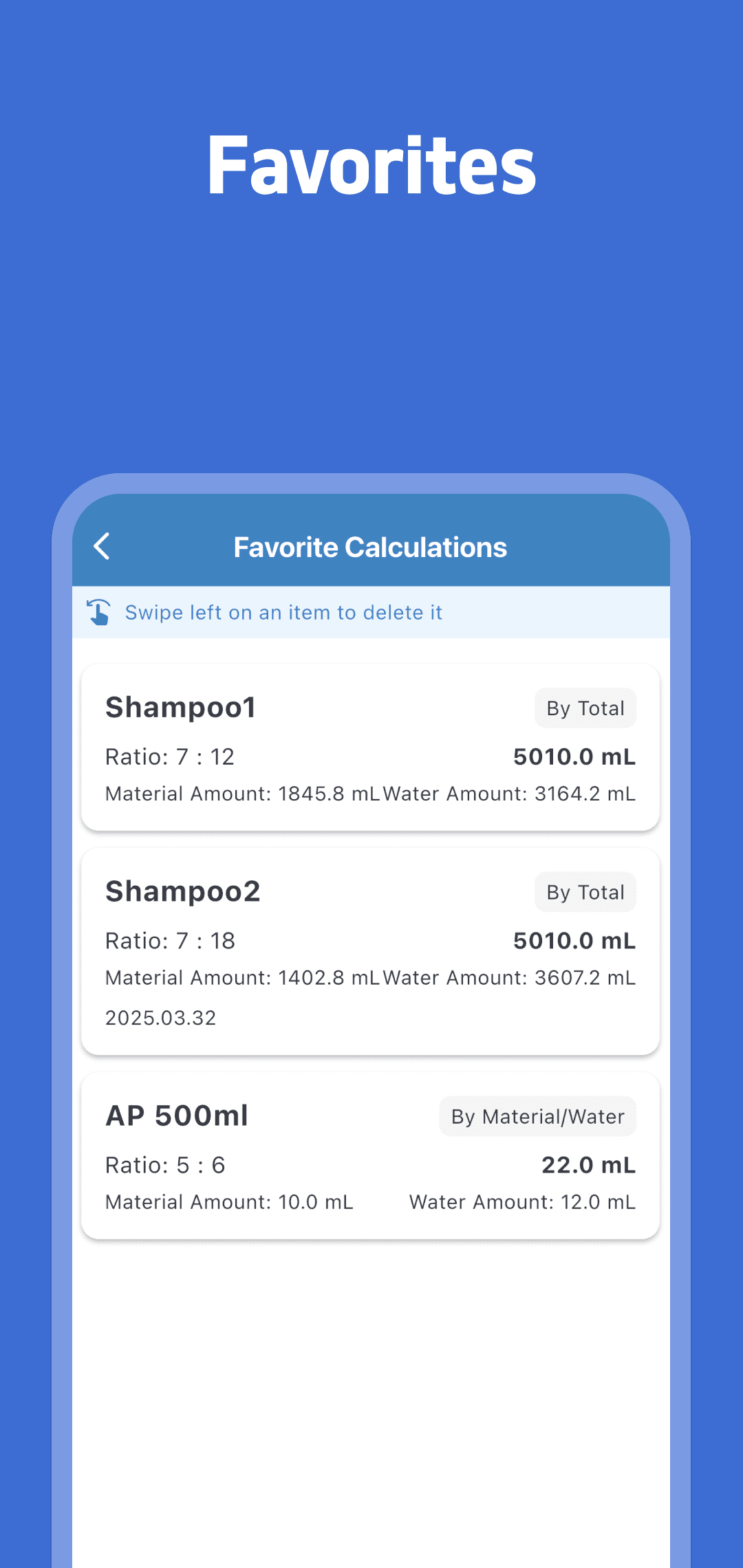 Original English favorites list with total-volume and material/water calculation examples