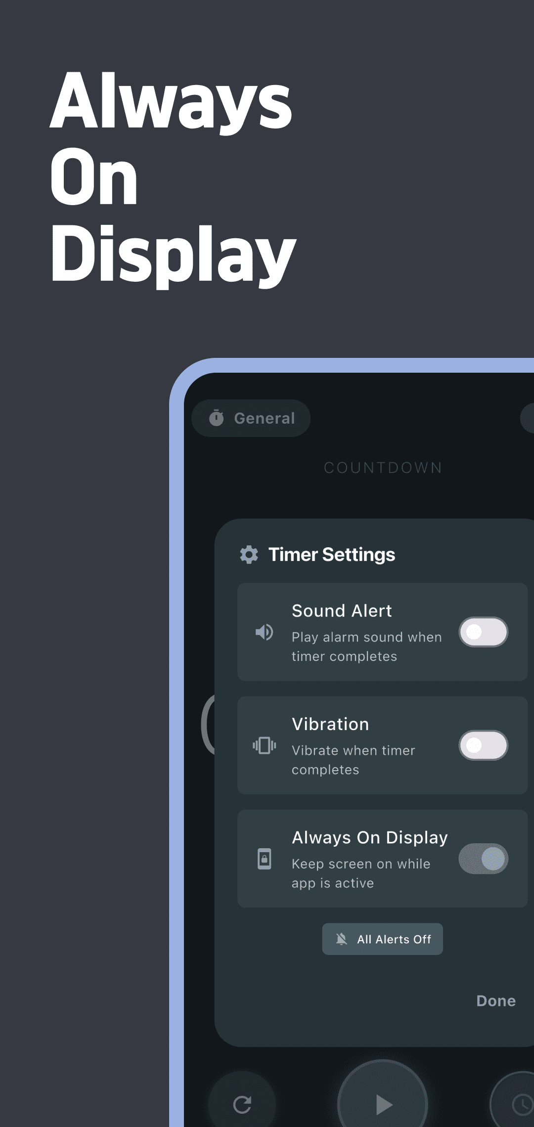 Retained Big Timer settings image showing Sound Alert Vibration and Always On Display switches