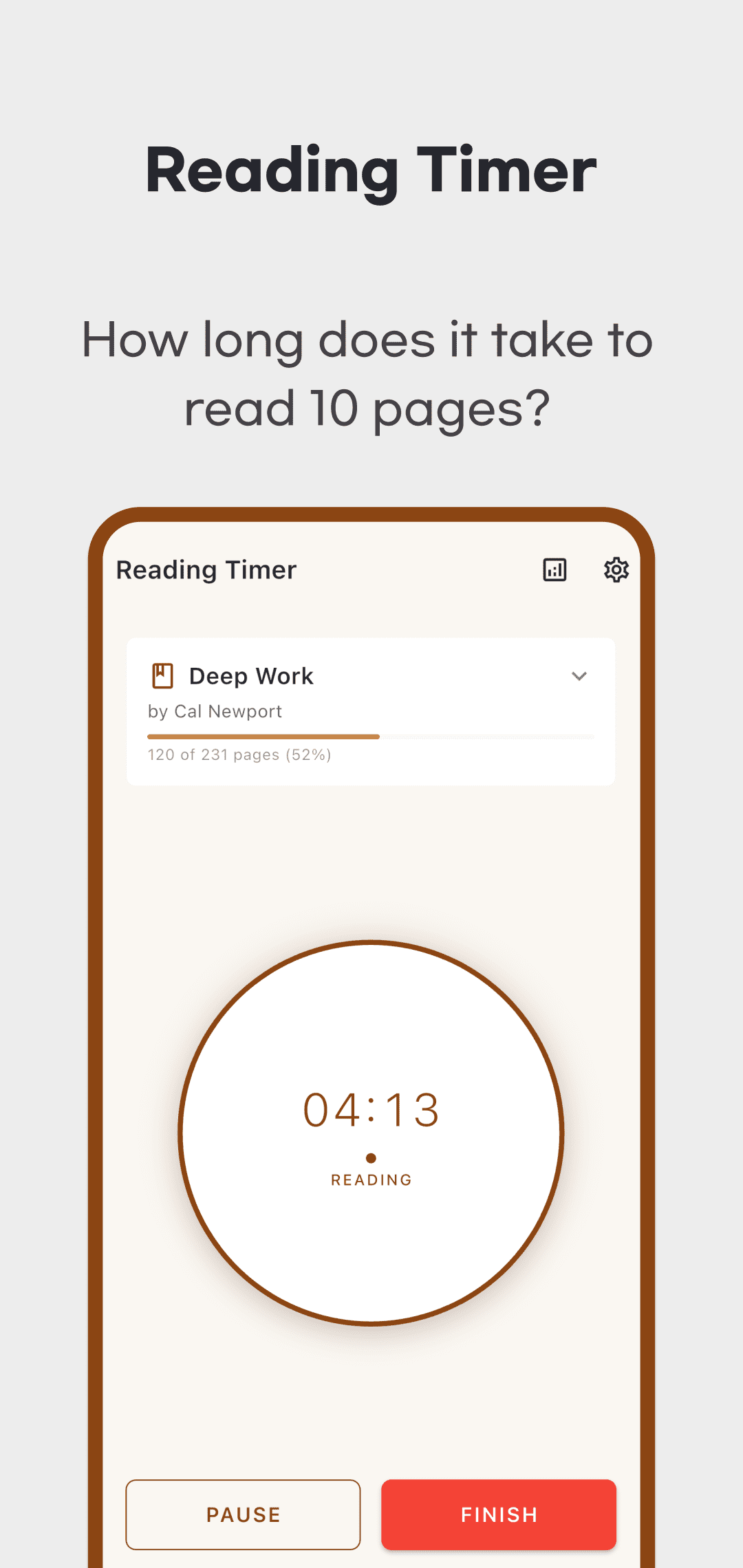 Original Reading Timer screen with selected book, elapsed time, PAUSE and FINISH buttons