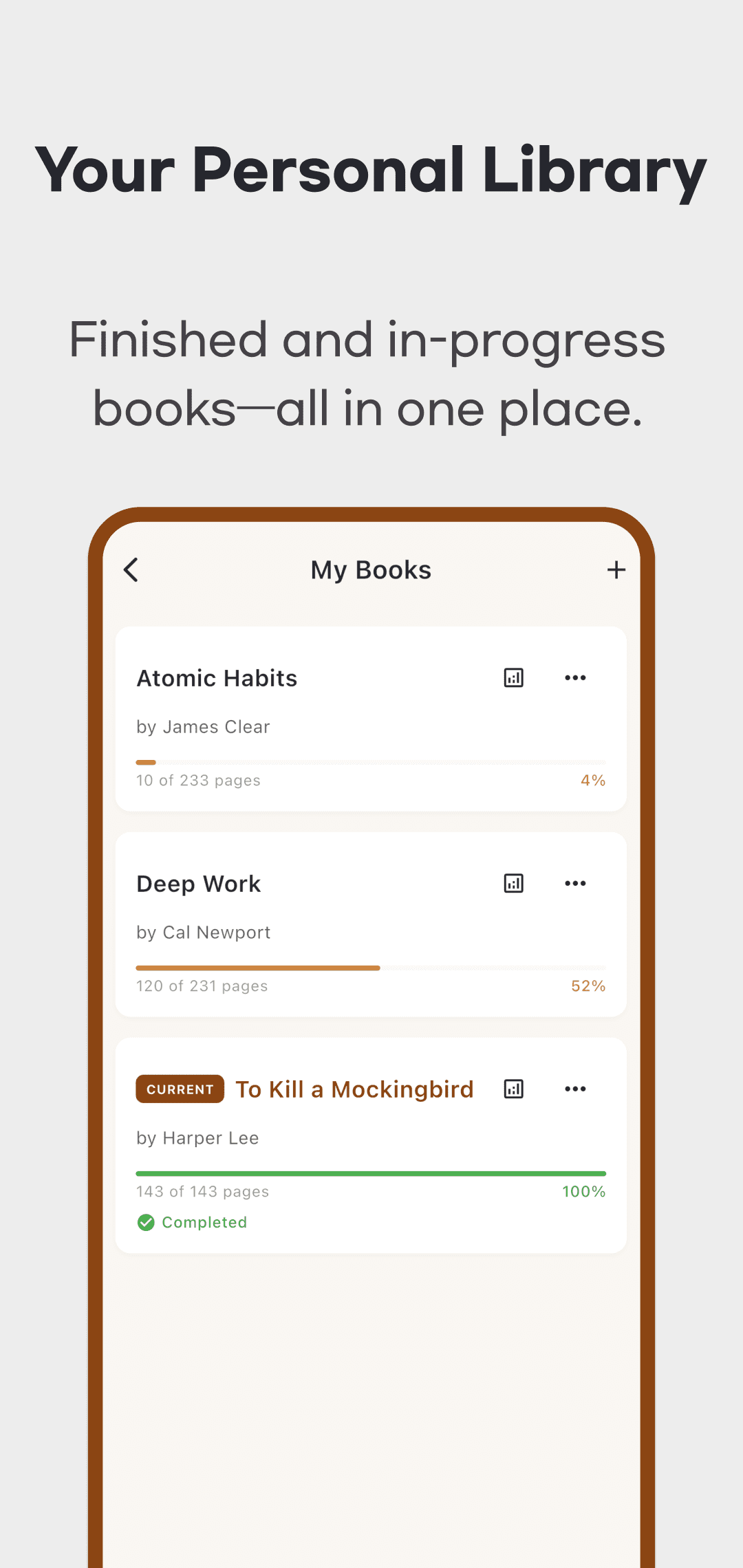 Original My Books screen showing current pages, progress bars and completed status