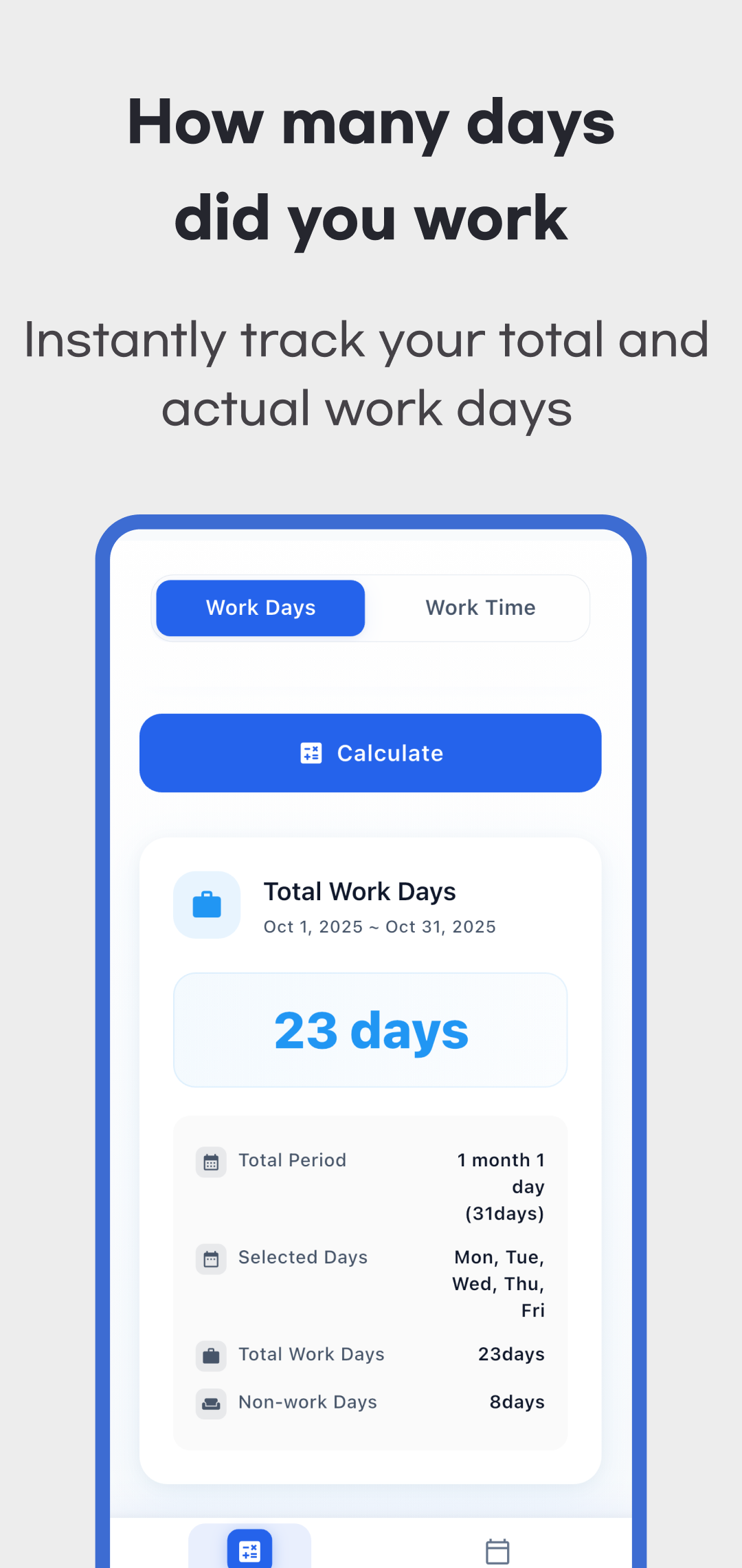 Work Days result showing 23 selected weekdays in October 2025