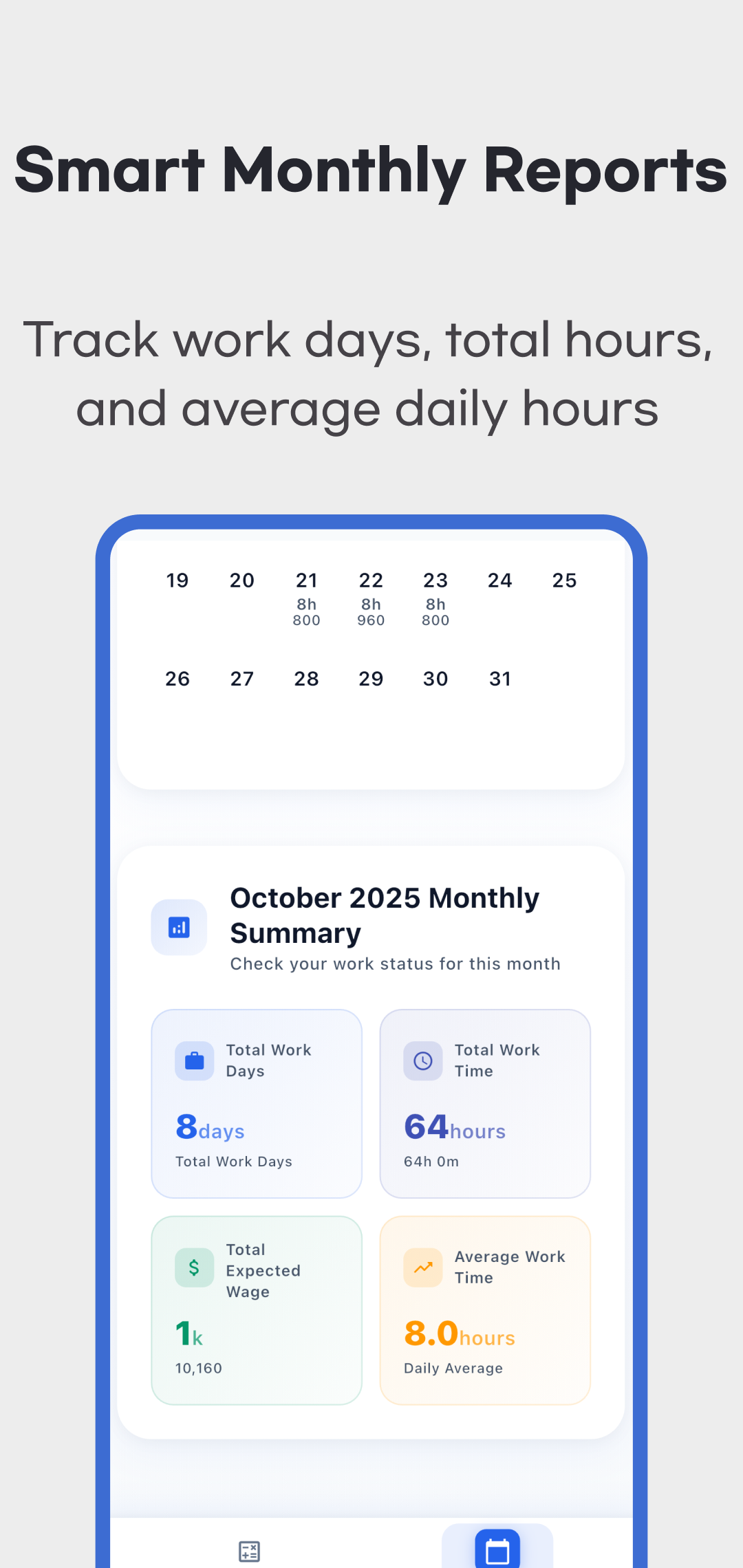 Monthly summary with 8 workdays, 64 work hours, total estimated pay and an 8-hour daily average