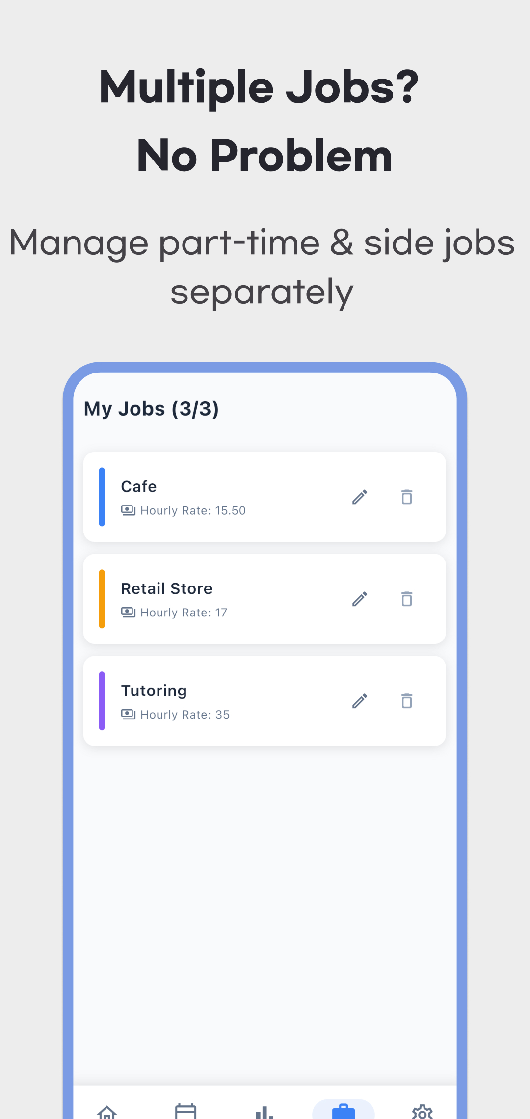 Jobs screen showing separate Cafe, Retail Store and Tutoring entries with hourly rates