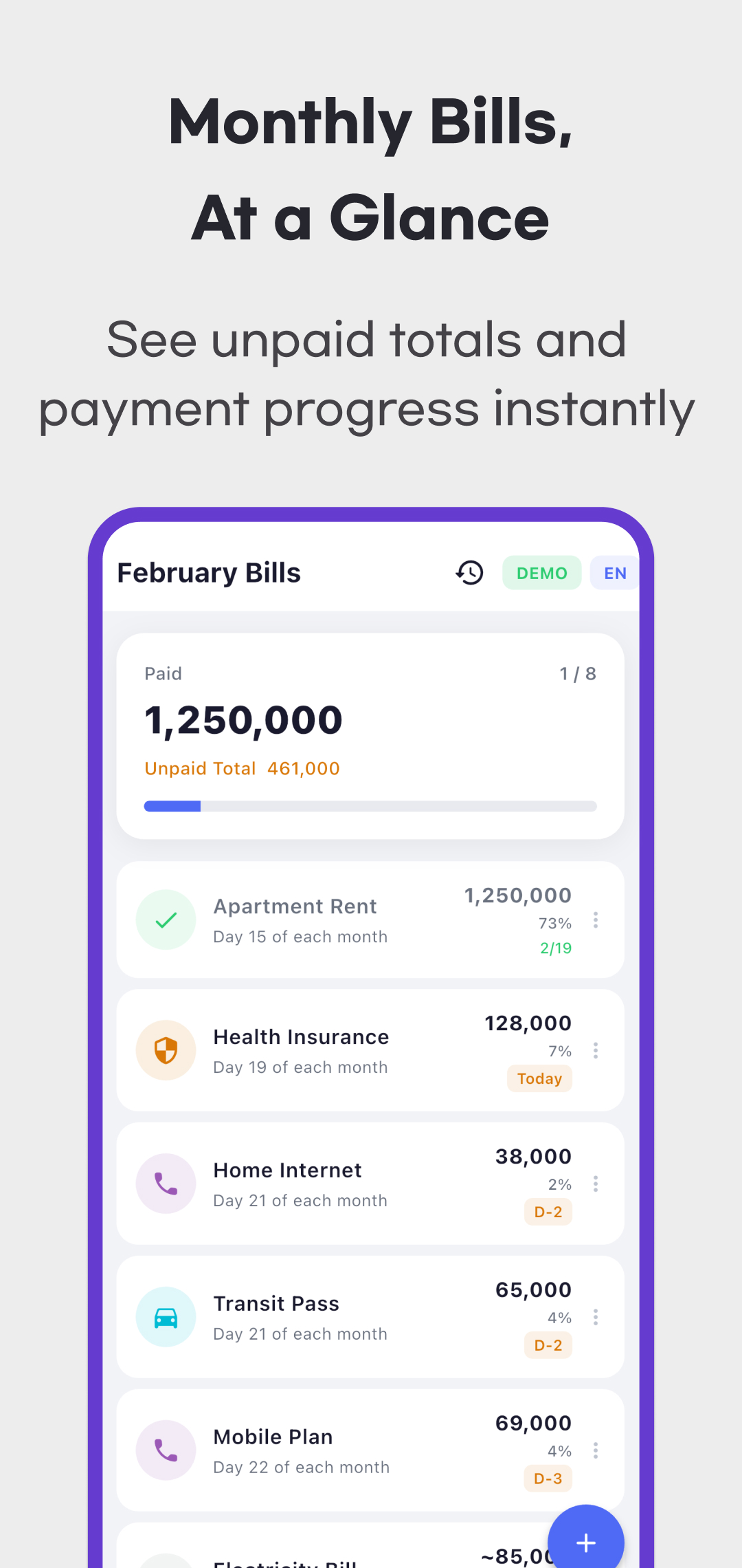 PaidUp home example with paid amount, unpaid total, completed bill count and due-day labels