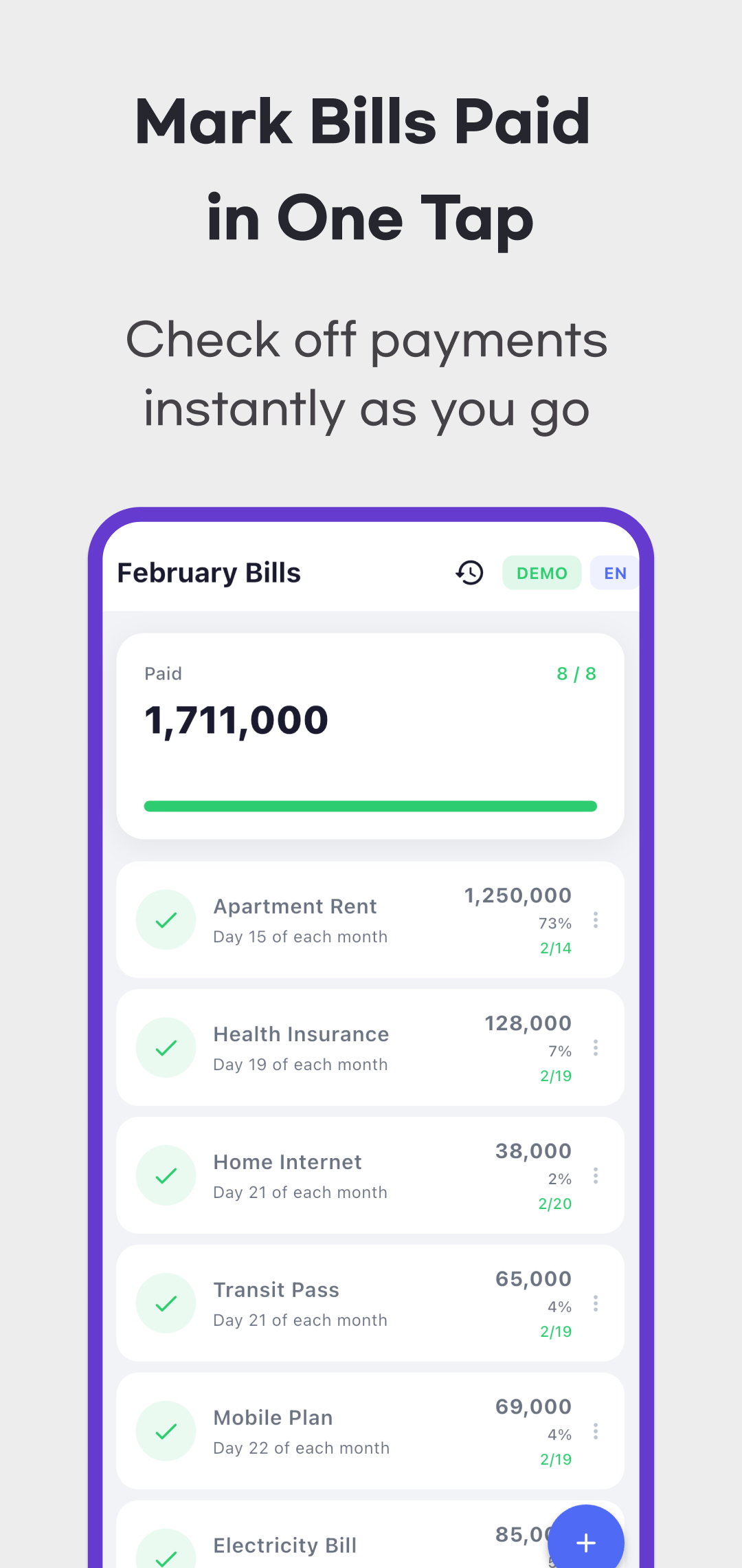 PaidUp example showing checked bill cards and updated paid count and amount