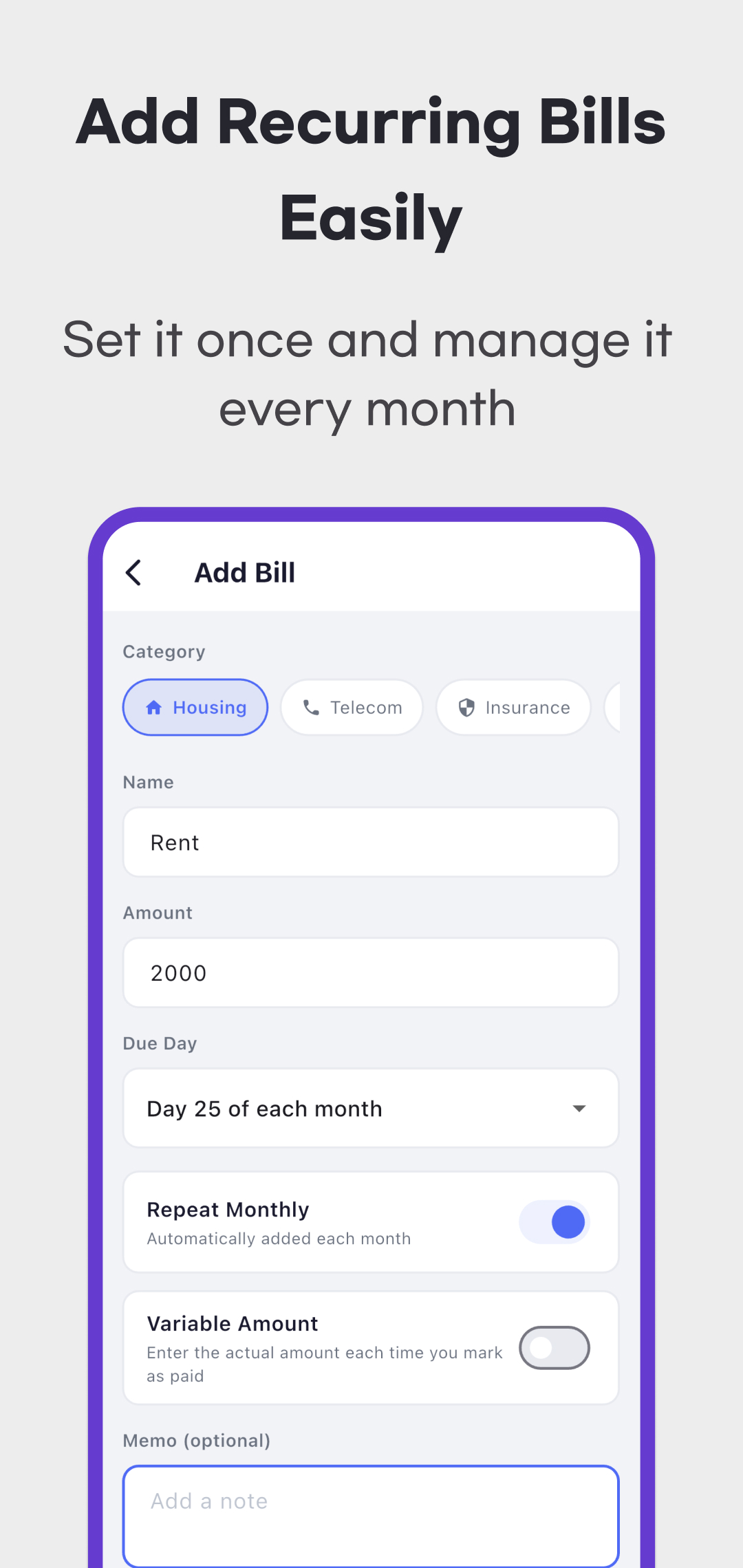 PaidUp Add Bill example with category, name, amount, due day, repeat and variable amount inputs