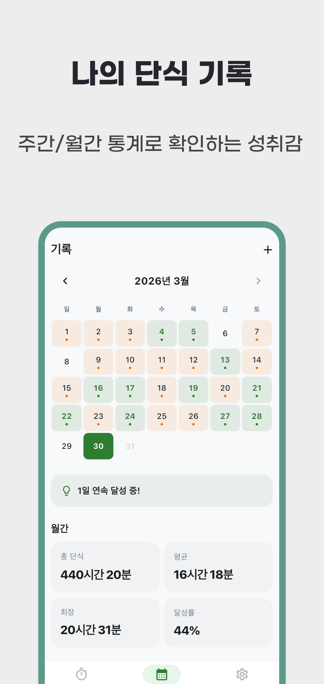 월간 캘린더와 총 단식, 평균, 최장, 달성률을 보여 주는 기록 화면