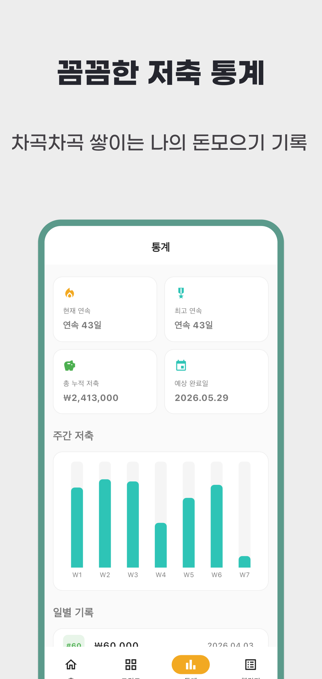 2026년 4월 한국어 통계 홍보 이미지로 현재·최고 연속일, 선택한 챌린지의 저축액, 예상 완료일과 주간 그래프를 표시