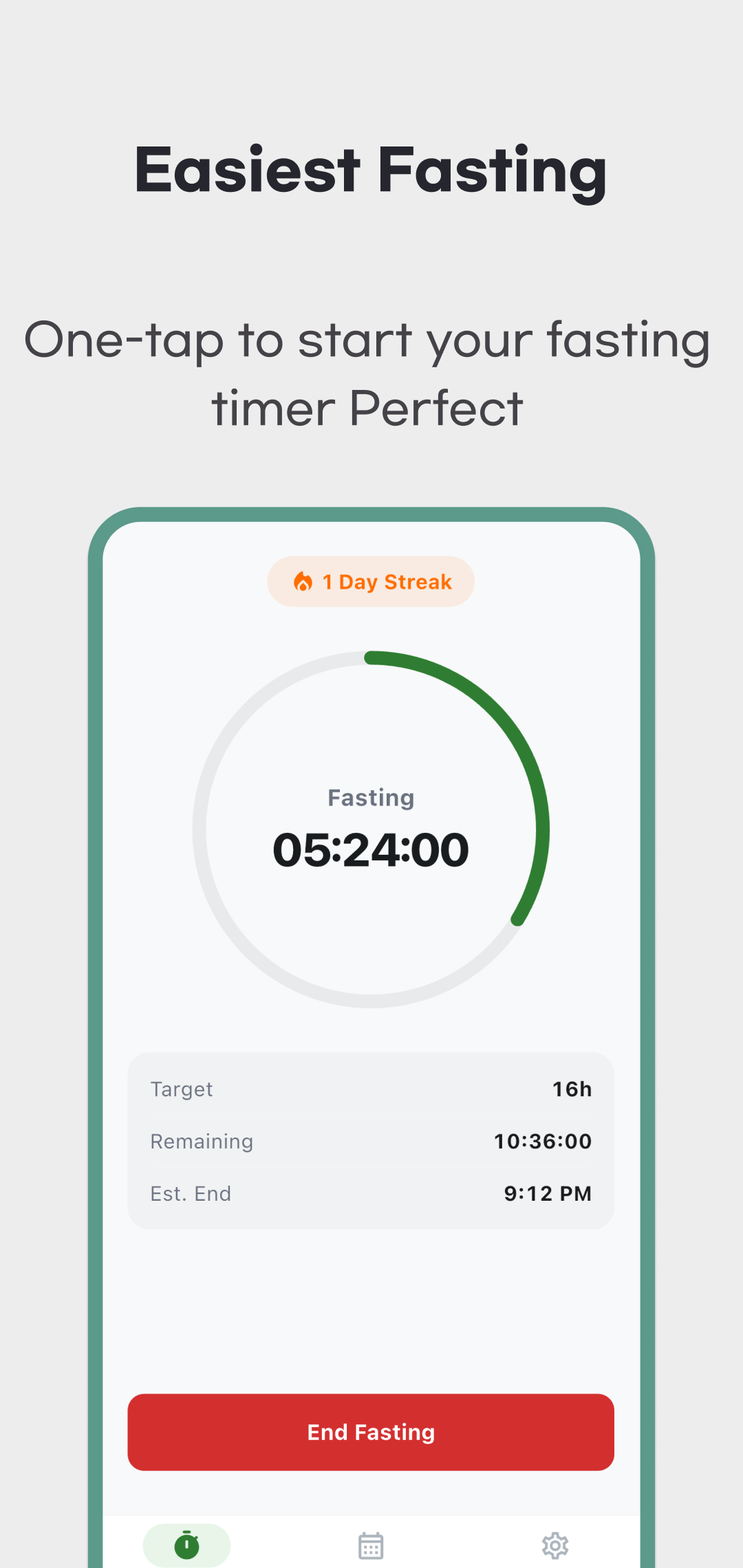 FastTime timer example showing elapsed time, target, remaining time, estimated end and End Fasting
