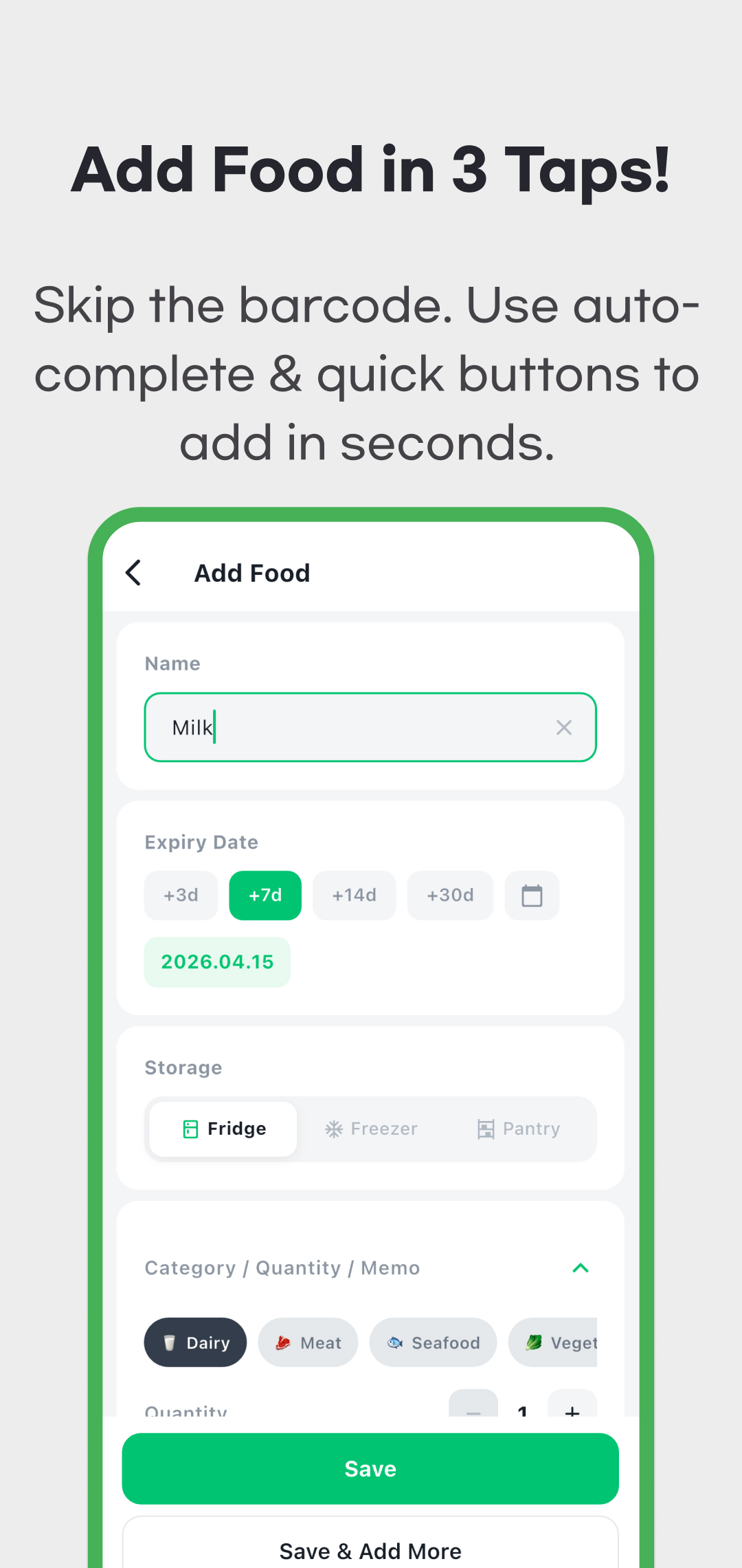 April 2026 English Add Food promotional image showing Milk, quick date choices, storage and Save and Add More controls