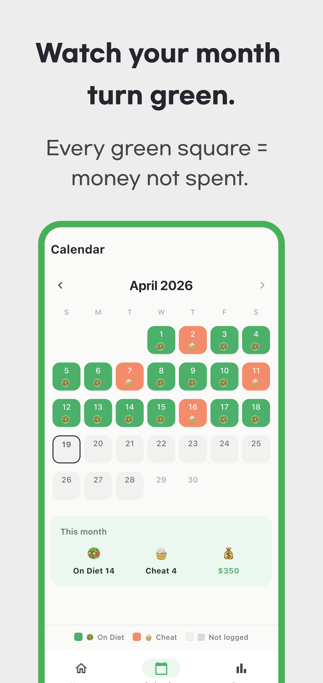 April 2026 English Calendar promotional image with green no-spend days, orange Cheat Days and unfilled dates