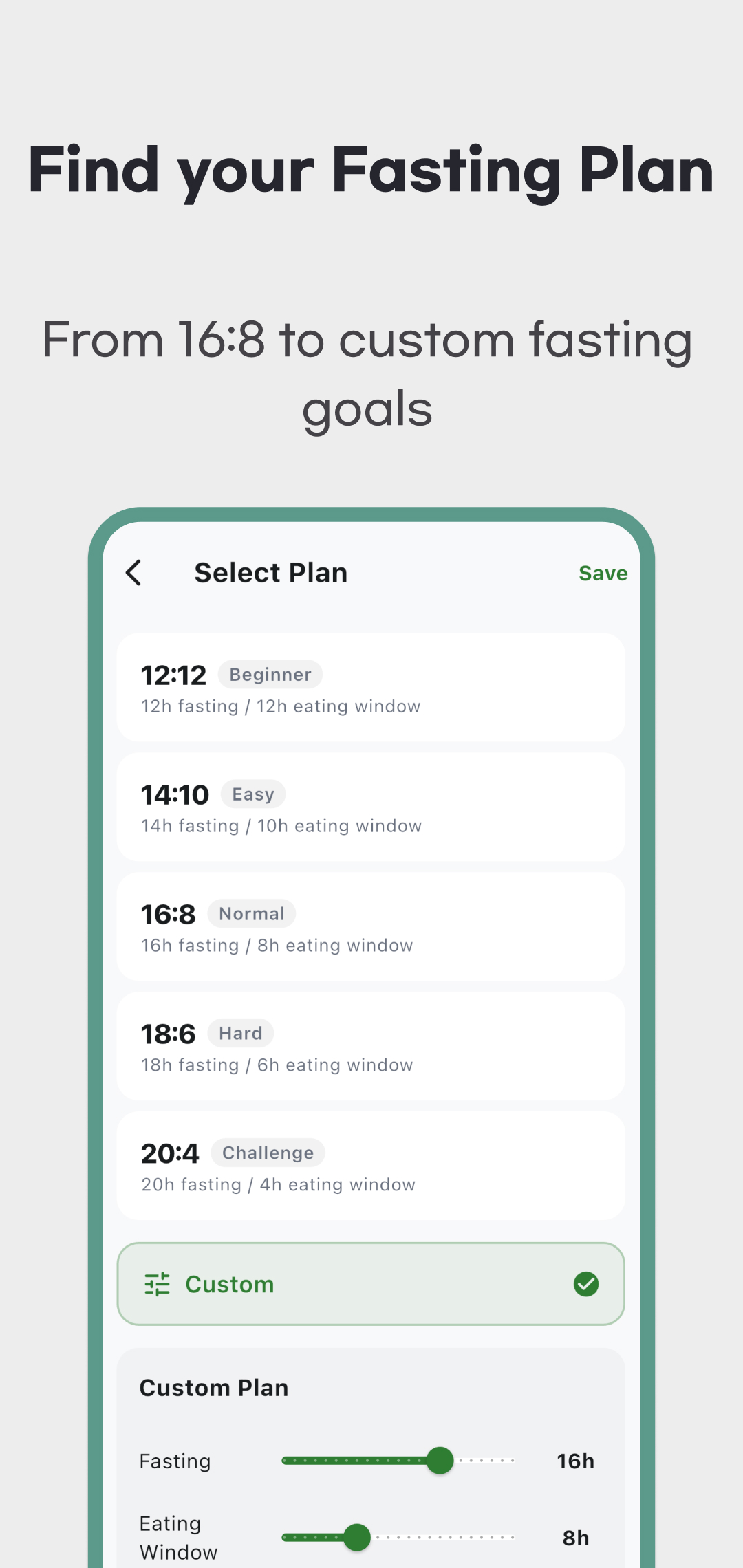 Original FastTime plan-selection screen with five preset ratios and custom sliders