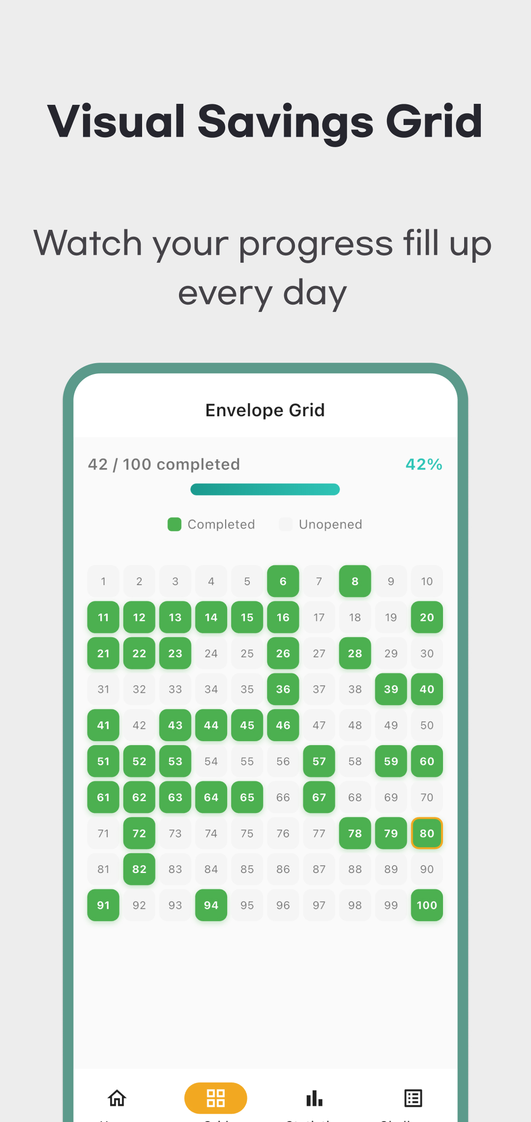April 2026 English 100-envelope grid illustration with green completed envelopes and 42 percent count progress