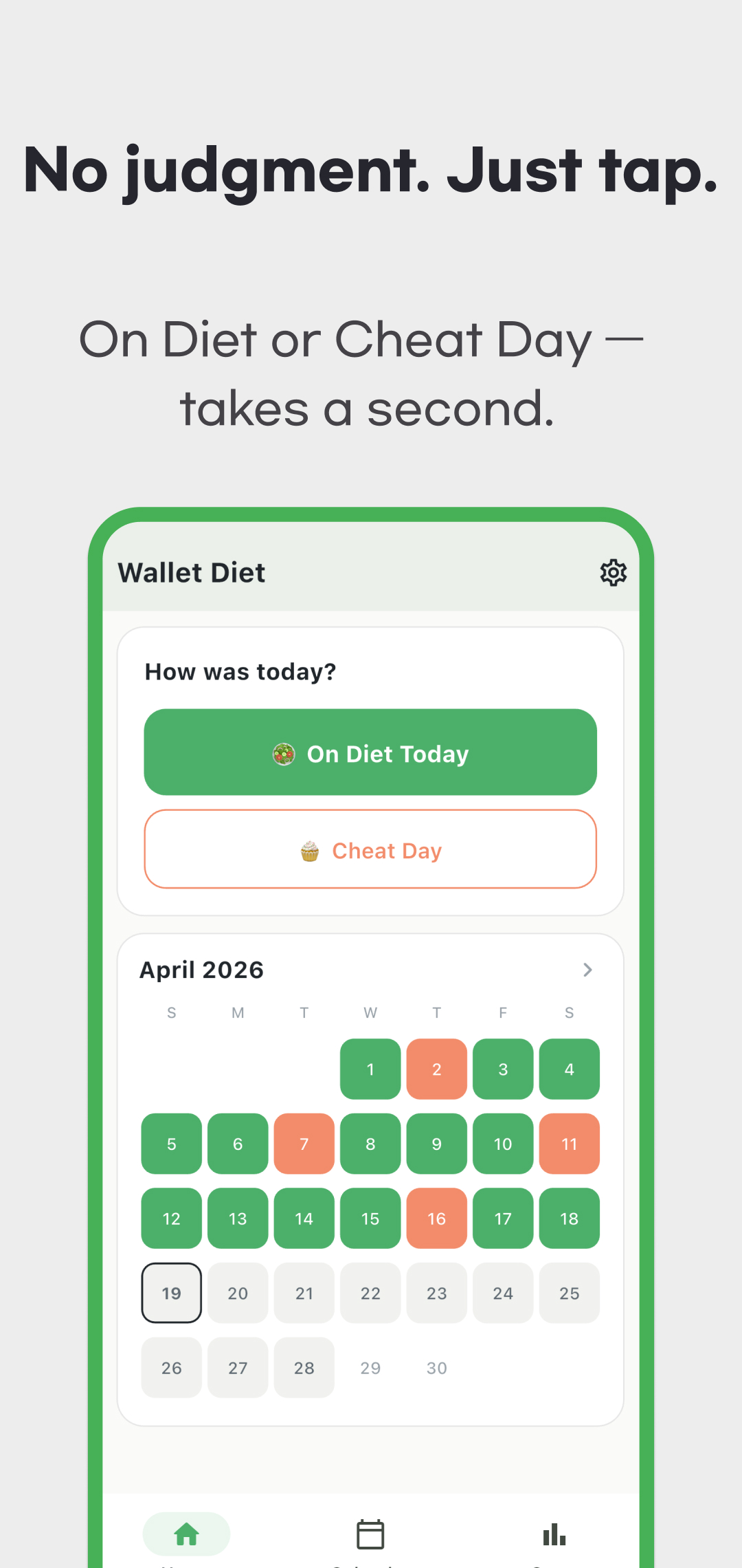 April 2026 English promotional image focusing on On Diet Today and Cheat Day buttons