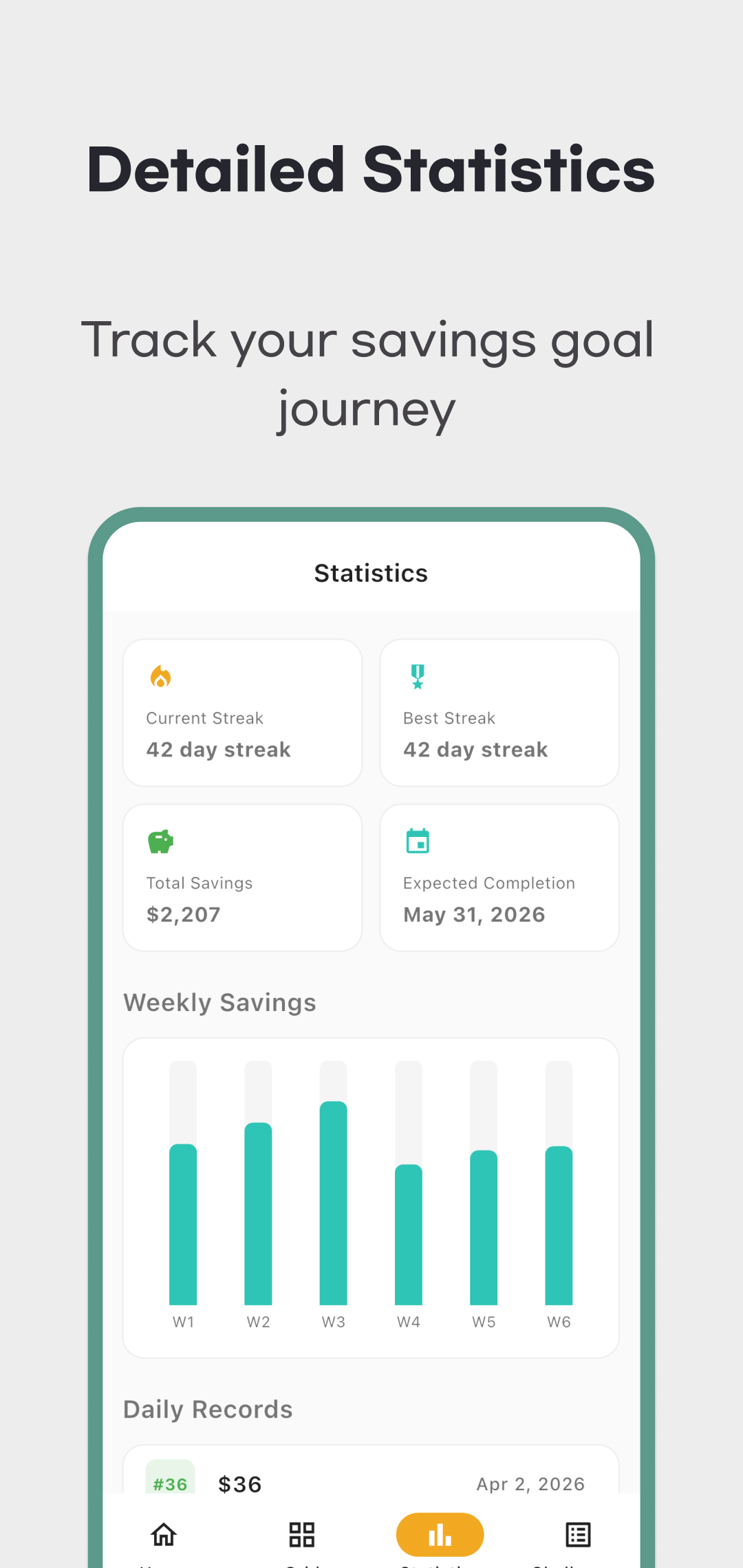 April 2026 English Stats illustration with streak cards, selected challenge savings, weekly chart and daily records