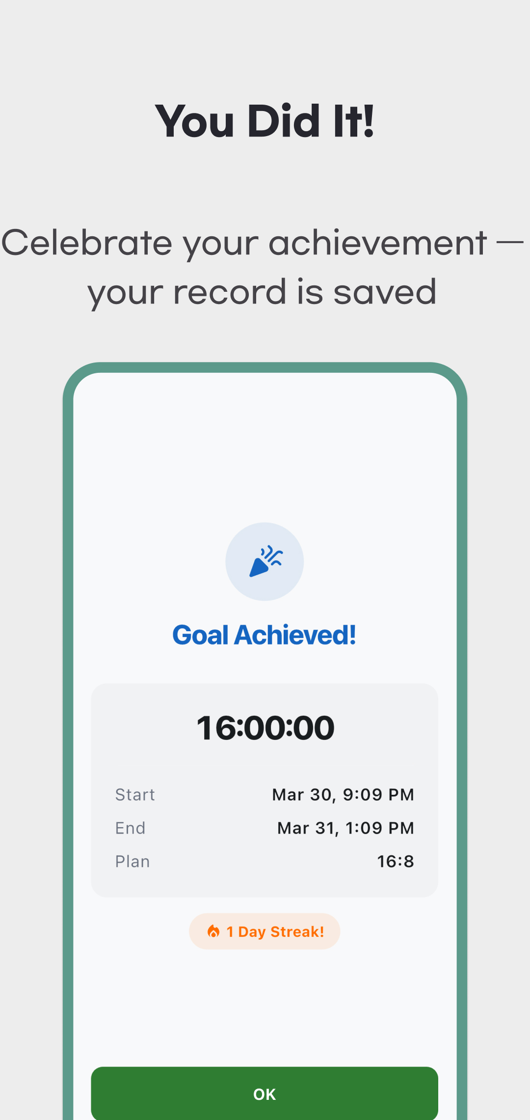 FastTime completion example showing the saved start, end, plan and confirmation button