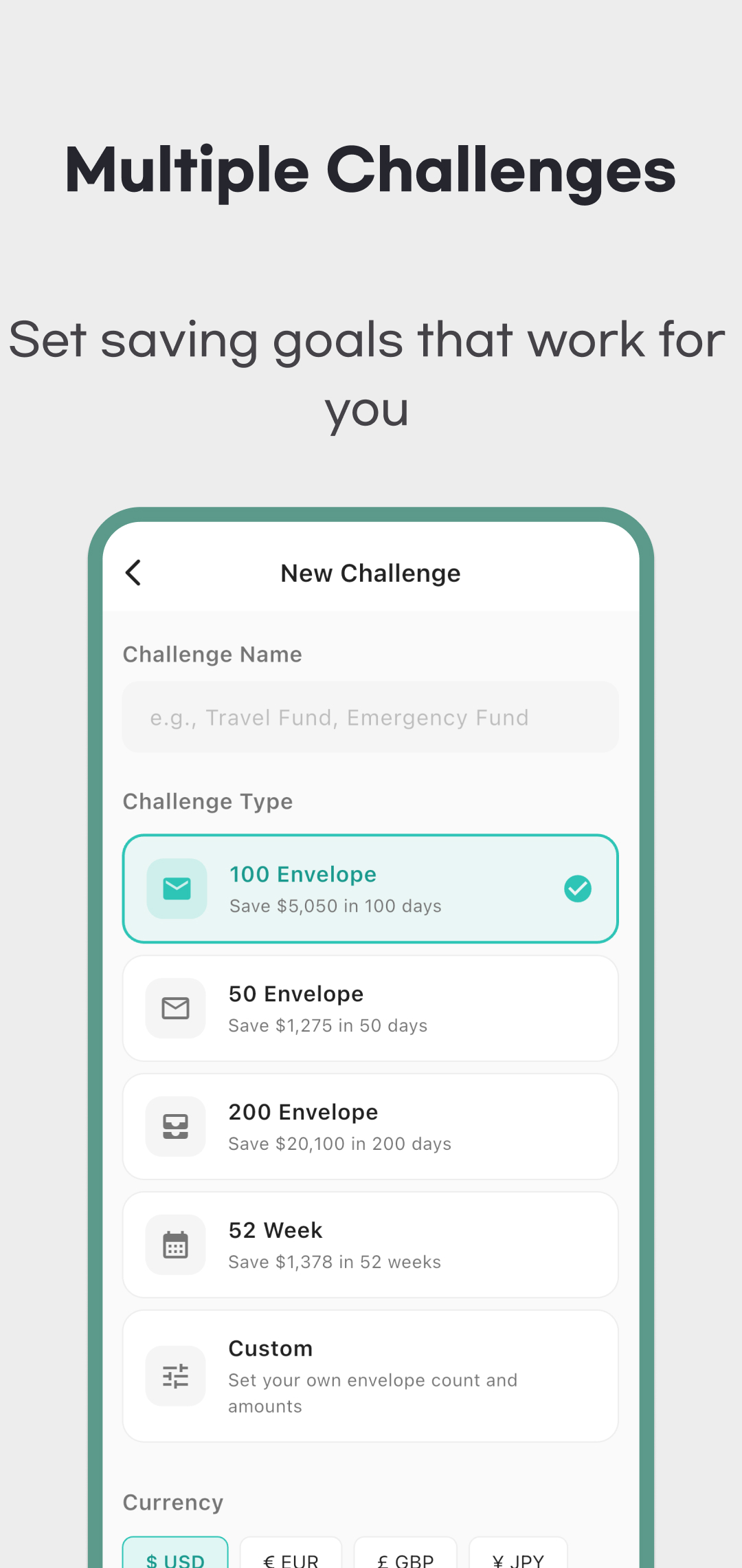 April 2026 English New Challenge illustration with 100, 50, 200, 52 Week and Custom choices and USD currency