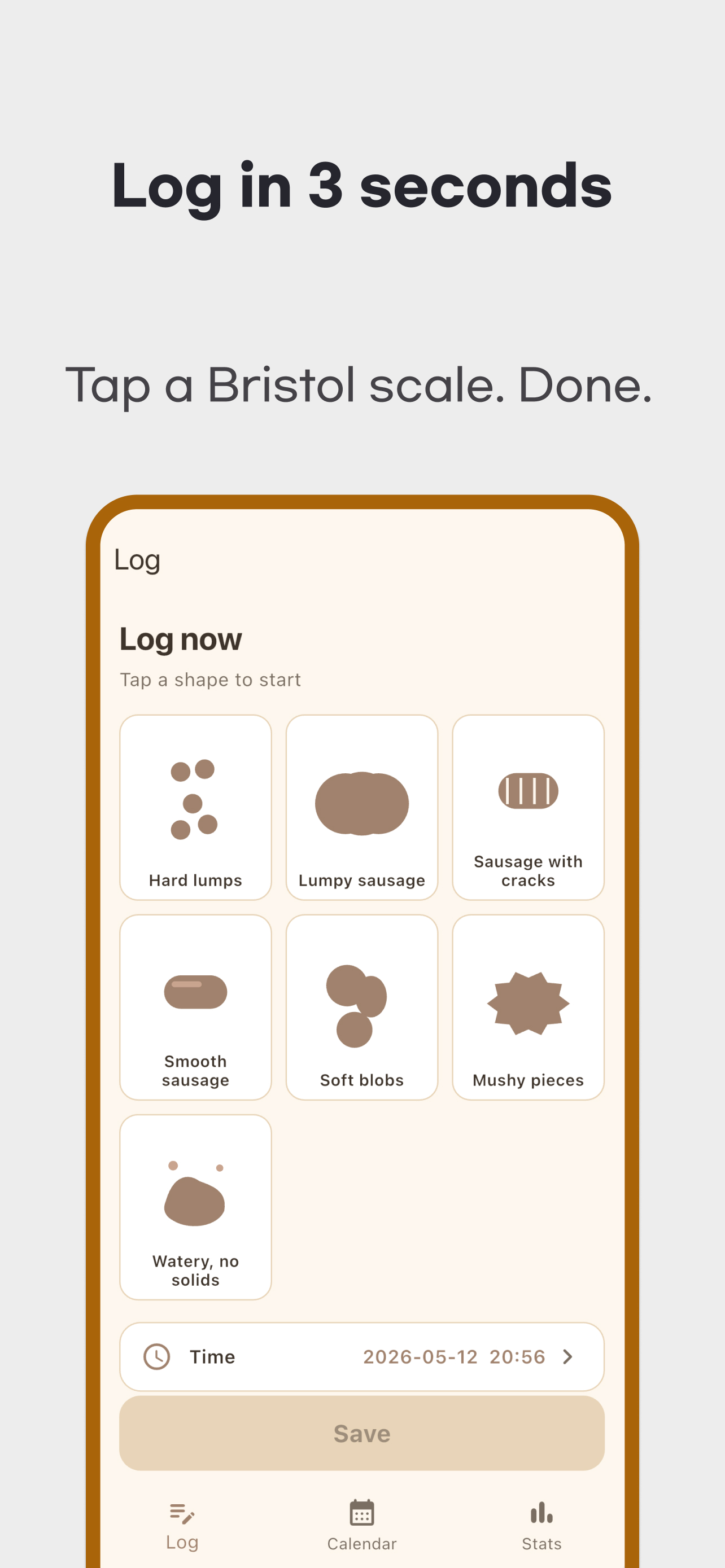 Original Poop Tracker promotional screen showing seven shapes, event time and the Save button