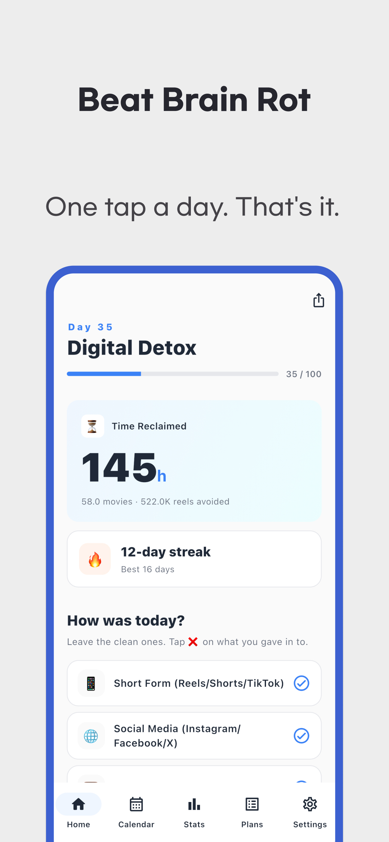 Dopamine Detox App home screen with reclaimed time and clean streak
