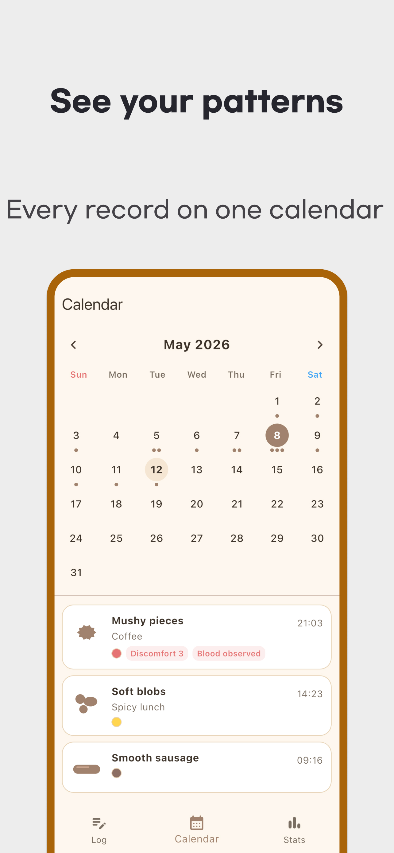Monthly calendar with a selected date and three saved stool entries including optional notes