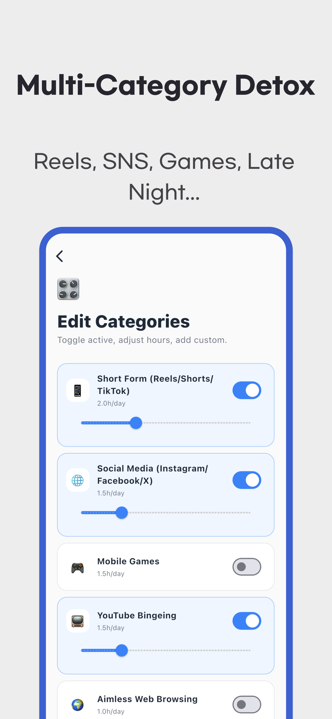 Dopamine Detox App category editor for short videos, social media and games