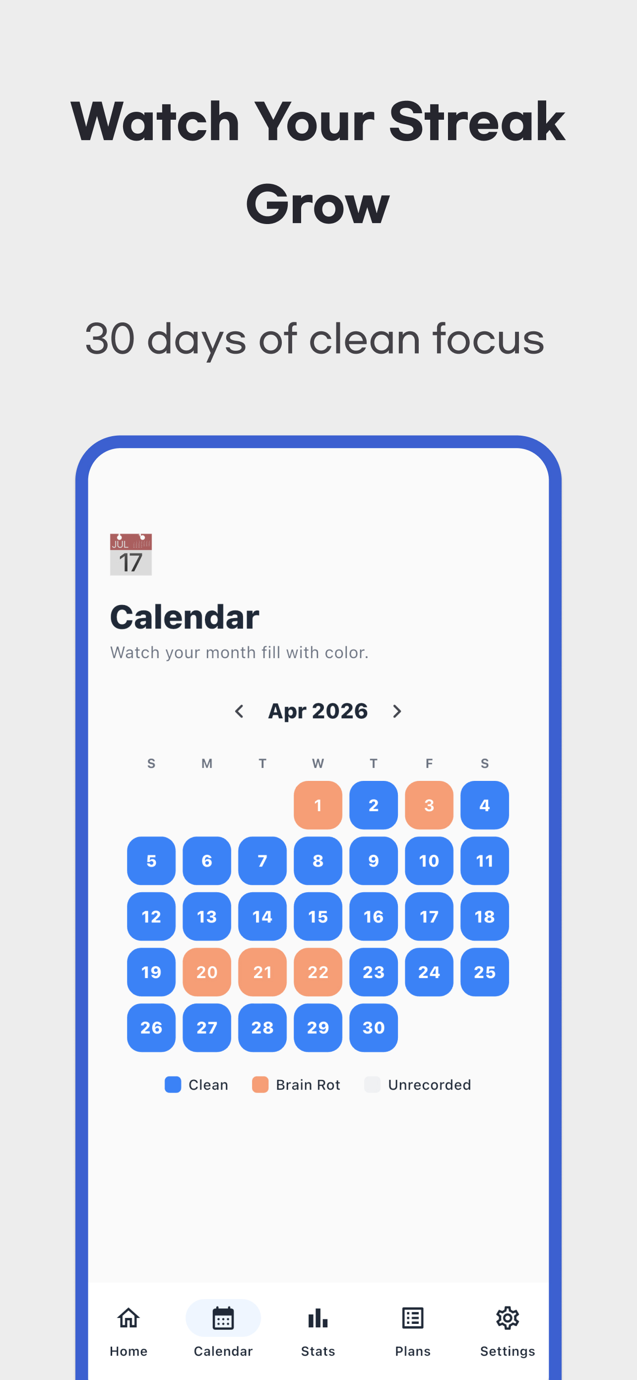 Dopamine Detox App calendar for a 30 day digital detox challenge