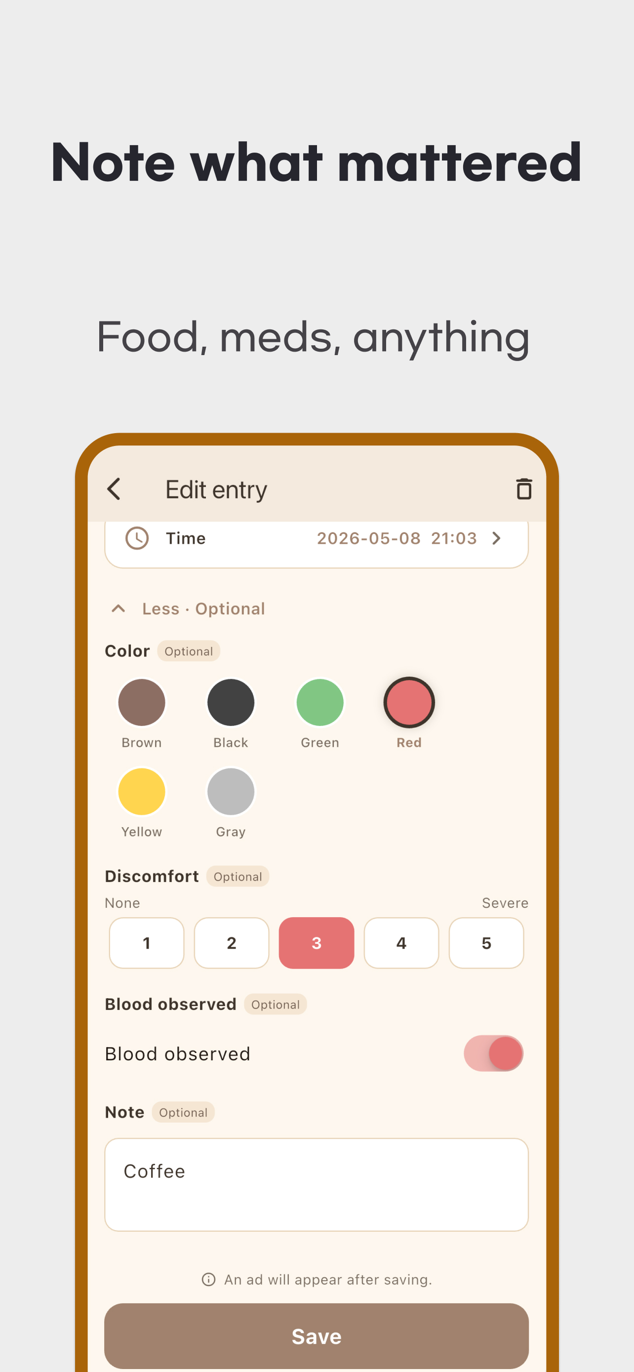 Edit-entry screen showing optional color, discomfort from one to five, blood observed and a note