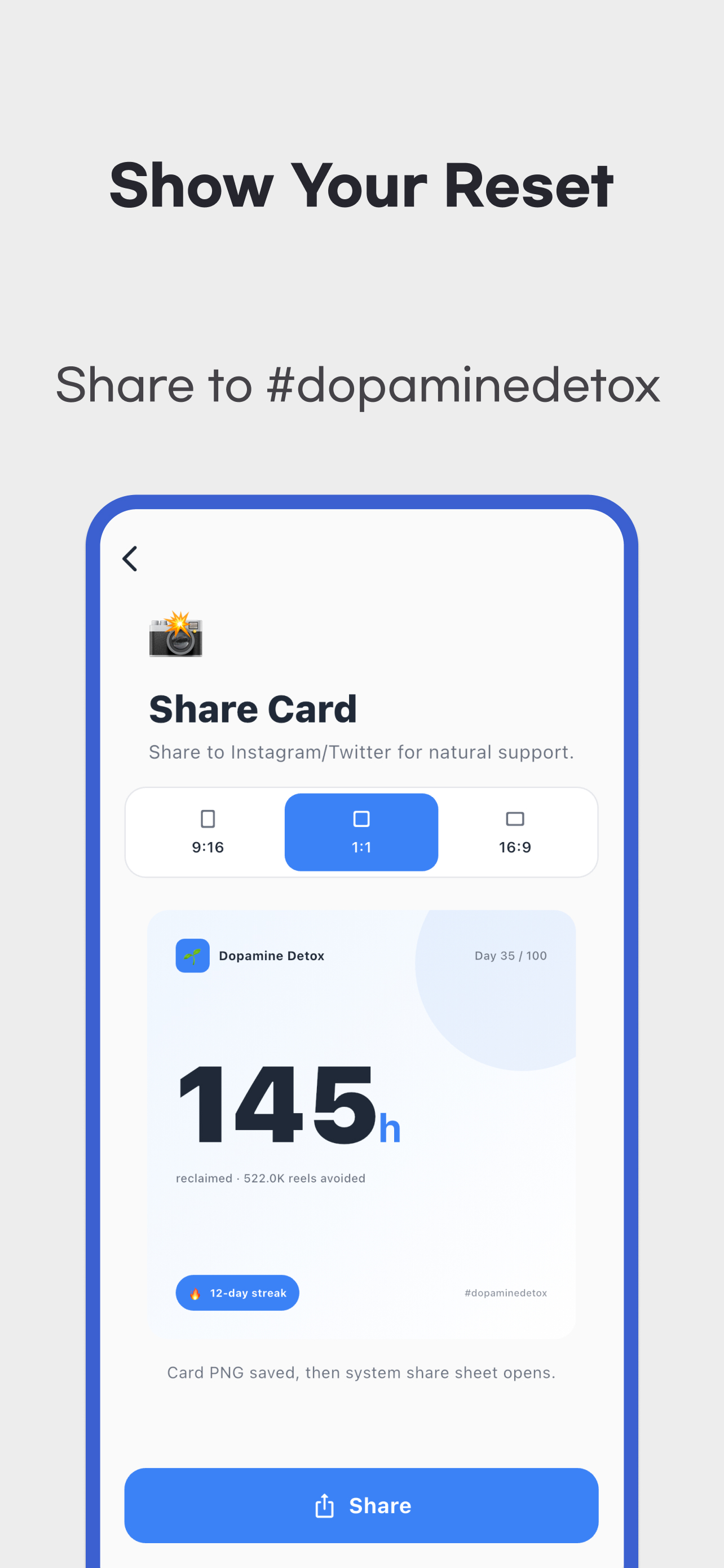 Dopamine Detox App share card for reclaimed time and dopamine reset progress