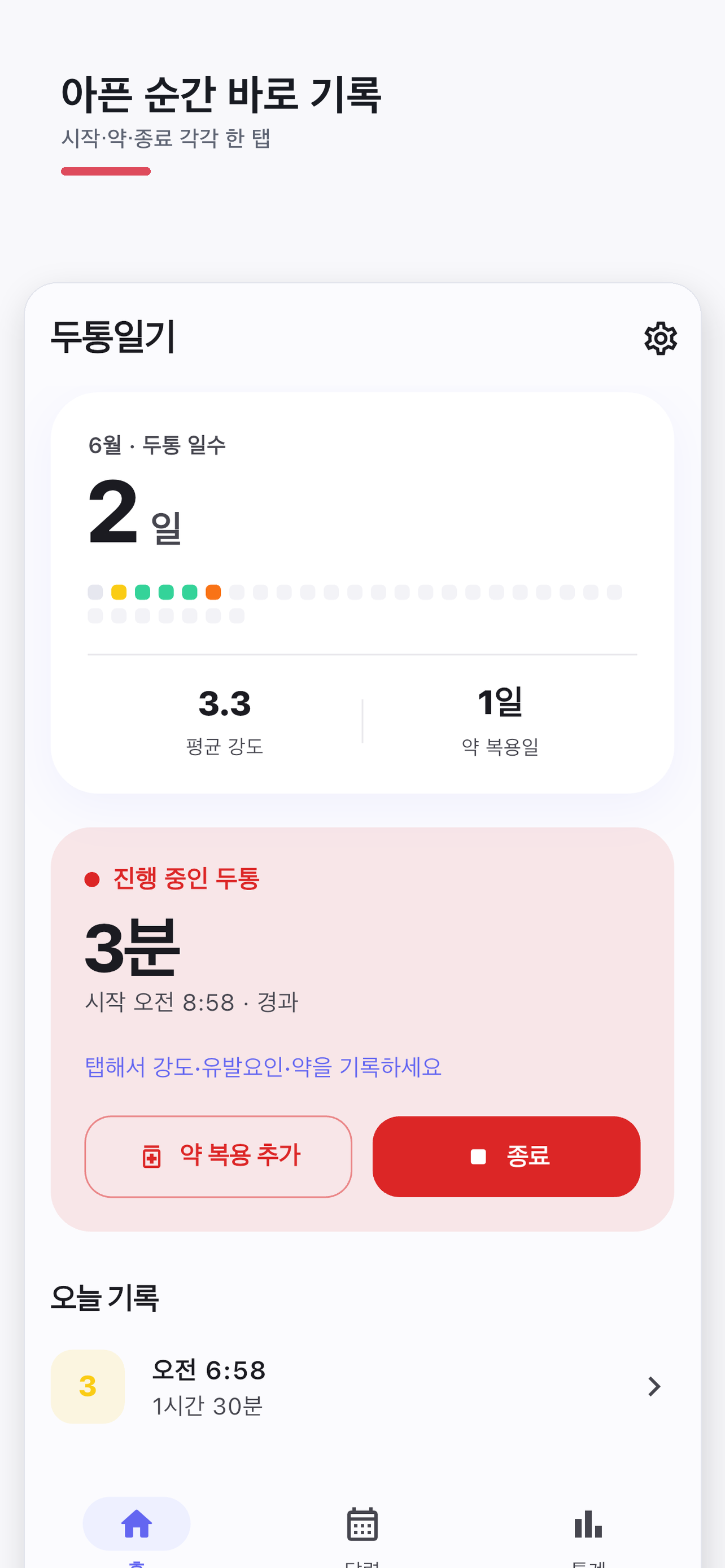두통일기 홈의 월간 요약과 진행 중 기록, 약 복용 추가 및 종료 버튼을 보여 주는 기존 화면